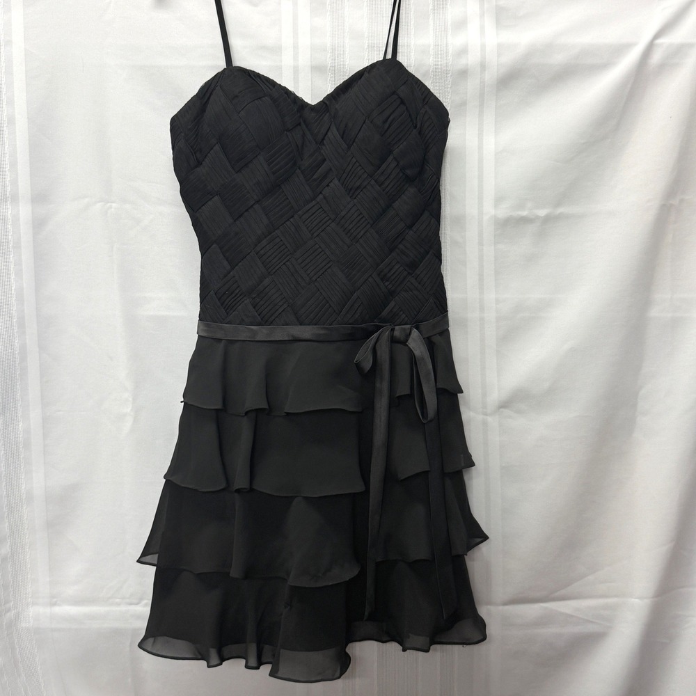 Faviana Black Cocktail Dress Basketweave Bodice Tiered Ruffle 6 Vintage Y2K LBD